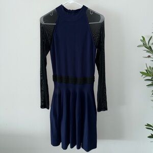 RACHEL Rachel Roy Navy Dress with Black Mesh Long Sleeves